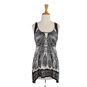 Cache M Silk Scarf Print Tunic Top Sleeveless Beaded VTG Y2K Going Out Festival